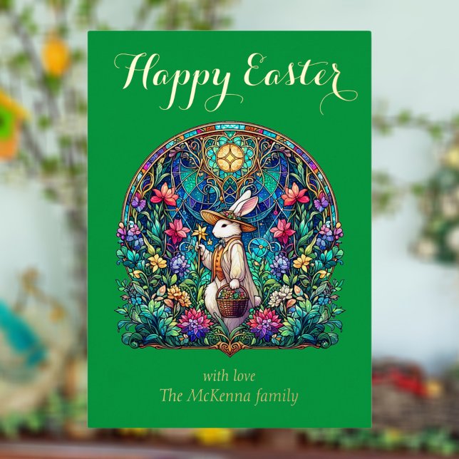 Elegant Green Stained Glass Bunny Gardener Easter Foil Holiday Card (Creator Uploaded)