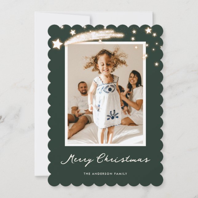 Elegant Green Starry Photo Merry Christmas Card (Front)