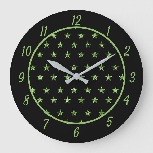 Elegant Green Stars Diamond Gems Glam Sparkle Large Clock (Front)