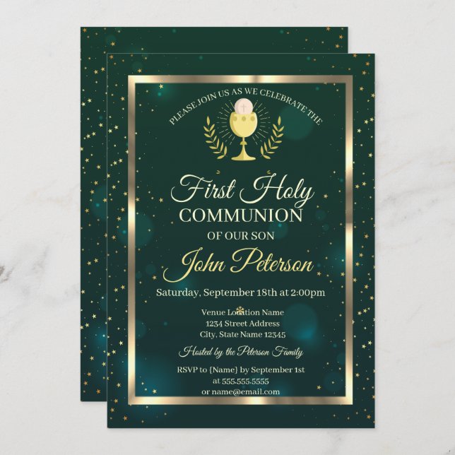 Elegant Green,Stars First Holy Communion Invitation (Front/Back)