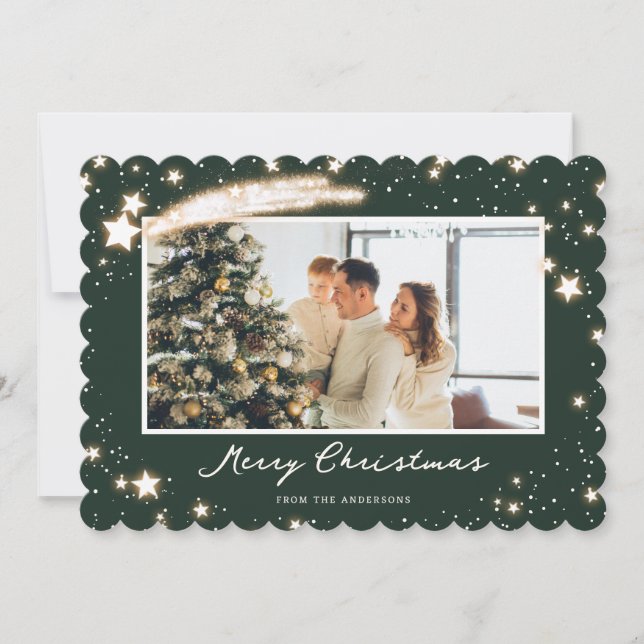 Elegant Green Stars Photo Merry Christmas Card (Front)