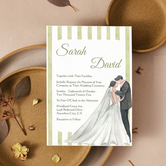 Elegant Green Stripe Wedding Invite with Couple  (Creator Uploaded)