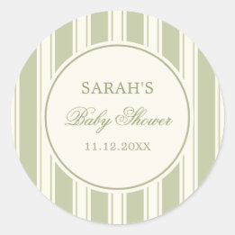 Elegant Green Striped Baby Shower Classic Round Sticker