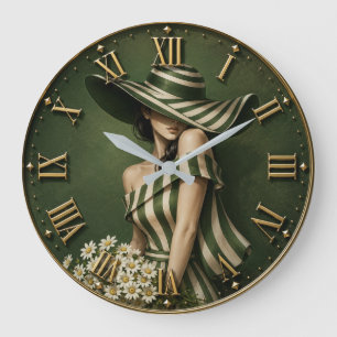 Elegant Green Striped Lady  with Wide Brim Hat  Large Clock