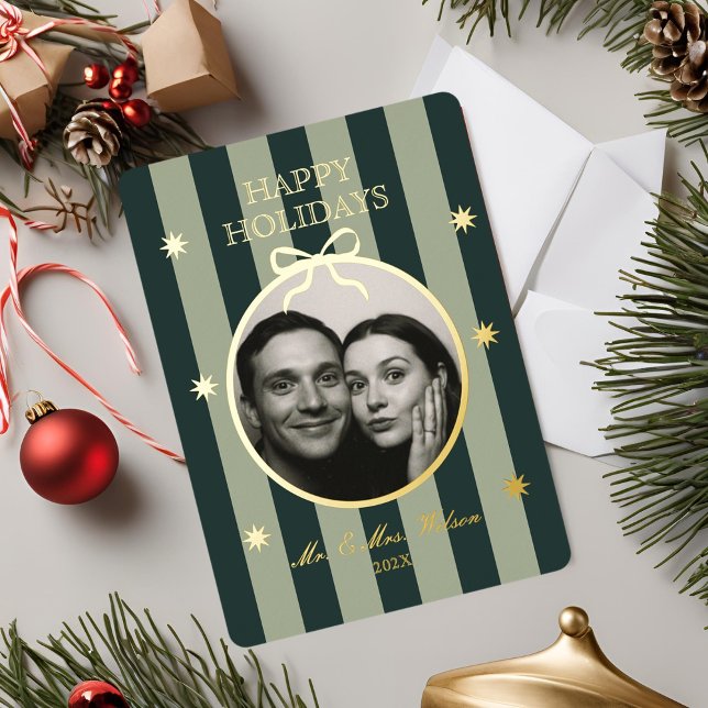 Elegant Green Striped Ornament Photo Holiday Card (Creator Uploaded)