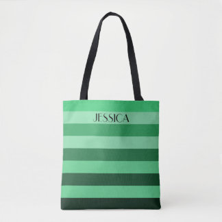 Elegant Green Striped Pattern Name Tote Bag