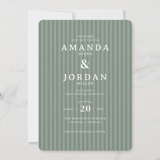 Elegant Green Striped Wedding Invitation (Front)