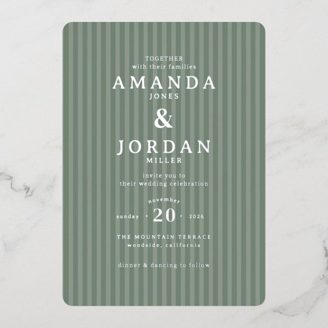Elegant Green Striped Wedding Invitation (Front)