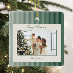 Elegant Green Stripes Christmas Photo Ceramic Ornament