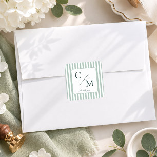 Elegant Green Stripes Monogram Wedding  Square Sticker