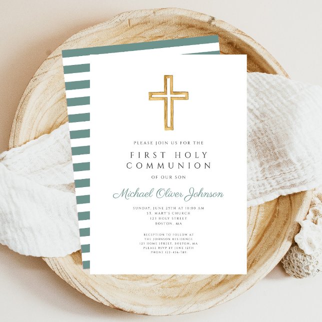 Elegant Green Stripes Religious First Communion Invitation (Green Stripes Cross Religious First Communion Invitation)