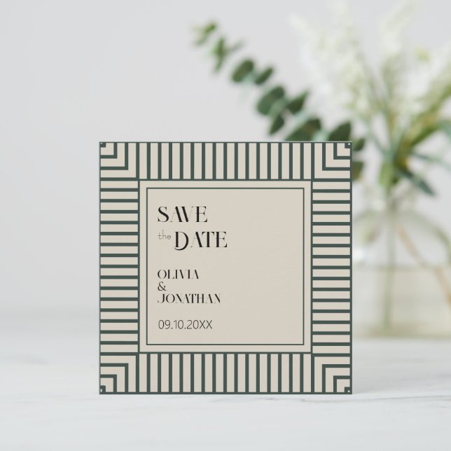 Elegant Green Stripes Simple Save the Date Invitation (Standing Front)