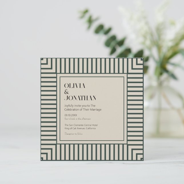 Elegant Green Stripes Simple Wedding Invitation (Standing Front)