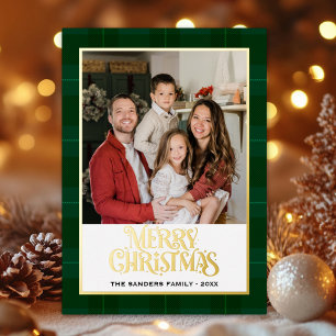 "Elegant Green Tartan Christmas Card with Gold Foi