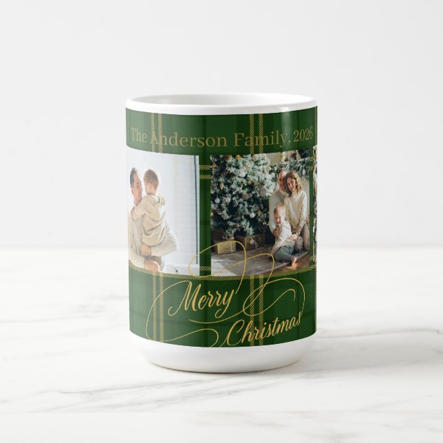 Elegant Green Tartan Family Photo Christmas Card Coffee Mug (Center)