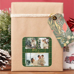 Elegant Green Tartan Family Photo Christmas Square Sticker