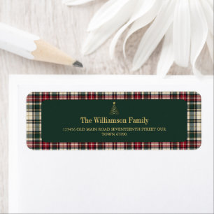 Elegant Green Tartan Gold Script Christmas tree Return Address Label