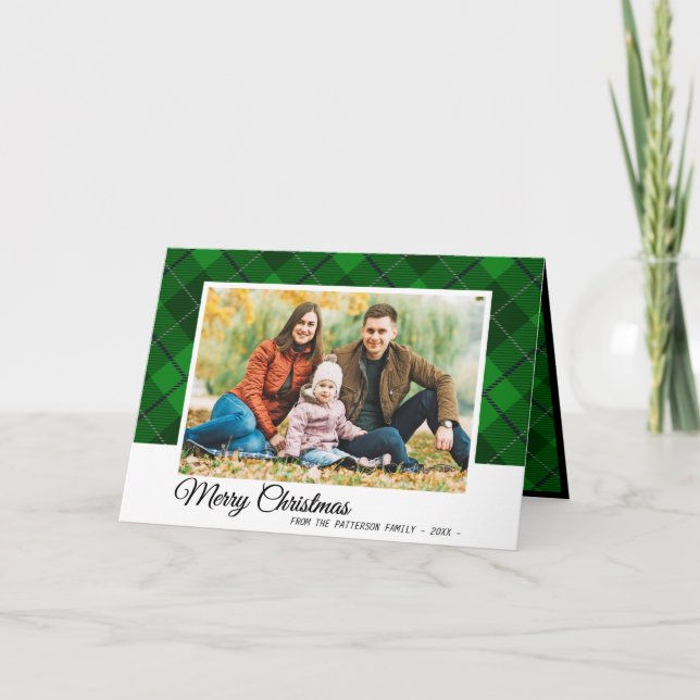 Elegant Green Tartan Plaid Christmas Family Photo Holiday Card (Front)