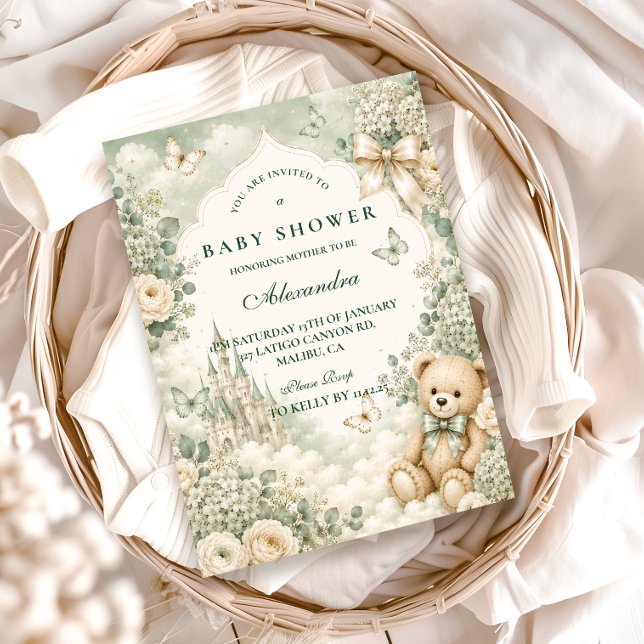 Elegant Green Teddy Bear Baby Shower Invitation (Creator Uploaded)