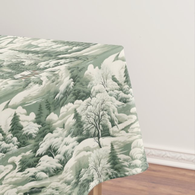 Elegant Green Toile with Snowy Landscape Tablecloth (In Situ)