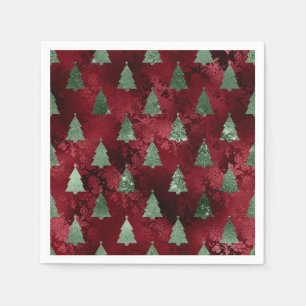 Elegant Green Trees Red Faux Foil Christmas  Napkin