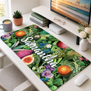 Elegant Green Tropical Fruits Monogram Pattern Desk Mat