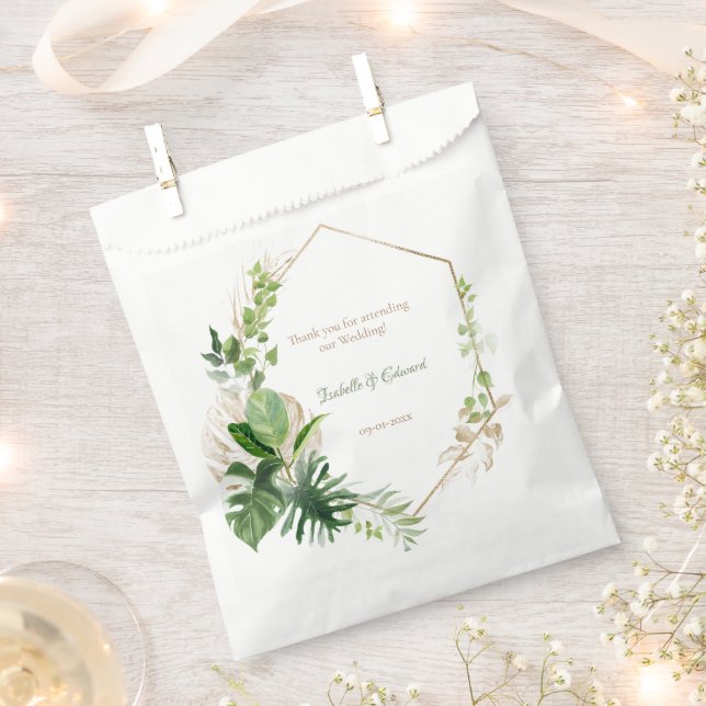 Elegant Green Tropical Leaves Gold Geometric Frame Favour Bag (Clipped)