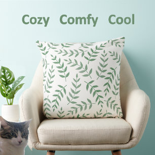 Elegant Green Tropical Leaves on White Cushion