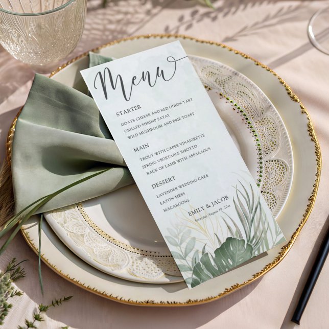 Elegant Green Tropical Watercolor Wedding Menu (Creator Uploaded)
