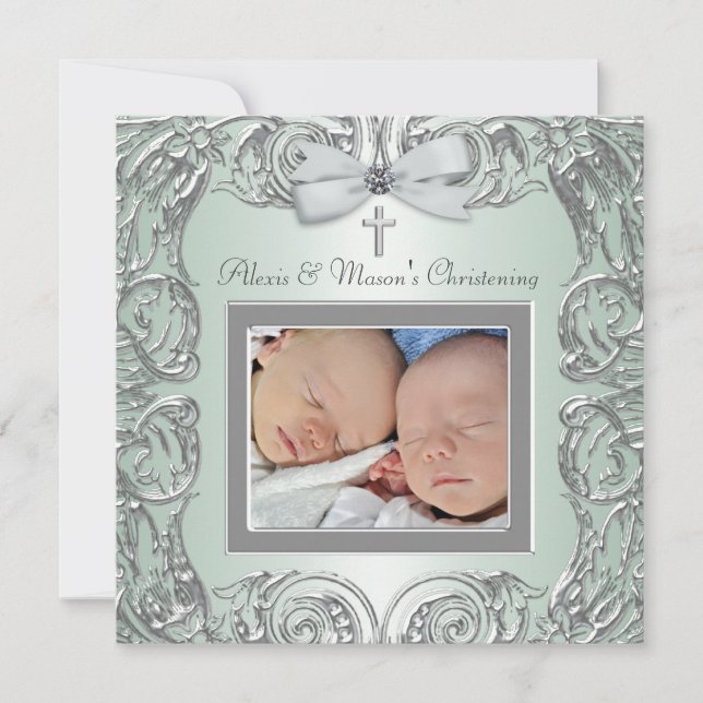 Elegant Green Twins Photo Christening Invitations (Front)