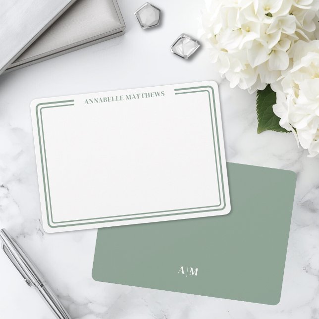 Elegant Green Two Border Minimalist Name Monogram Card (Elegant Green Two Border Minimalist Name Monogram Note Card)
