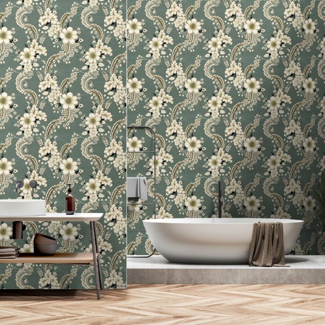 Elegant Green Victorian Doily Lace Pattern Wallpaper (Bathroom)
