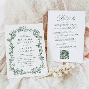 Elegant Green Victorian Floral All in One Wedding Invitation