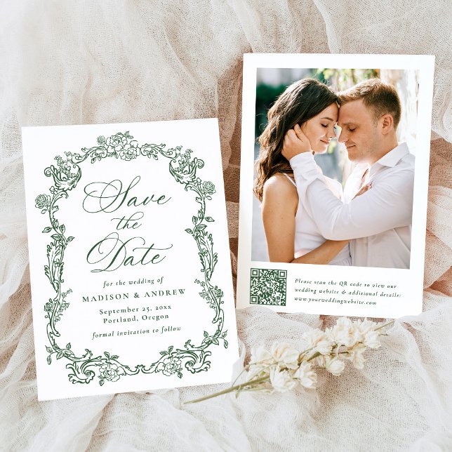 Elegant Green Victorian Floral QR Code Wedding Save The Date (Creator Uploaded)