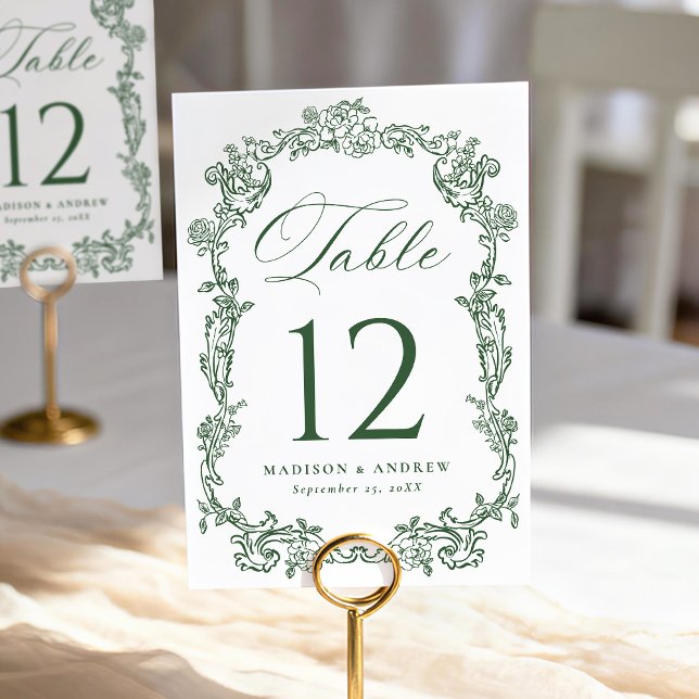 Elegant Green Victorian Floral Wedding Table Number (Creator Uploaded)