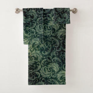 Elegant green vintage damask floral pattern bath towel set