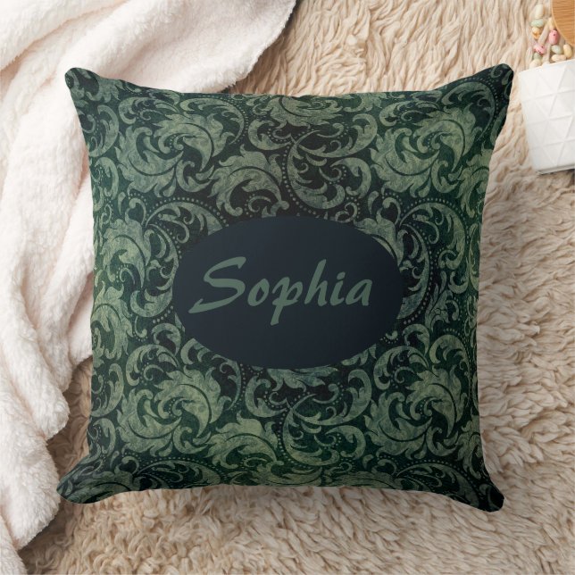 Elegant green vintage damask floral pattern cushion (Blanket)