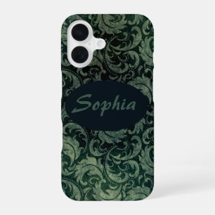 Elegant green vintage damask floral pattern iPhone 16 case