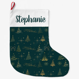 Elegant Green W/ Gold Christmas Tree Doodles Large Christmas Stocking