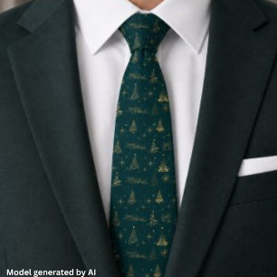 Elegant Green W/ Gold Christmas Tree Doodles Tie