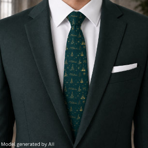 Elegant Green W/ Gold Christmas Tree Doodles Tie