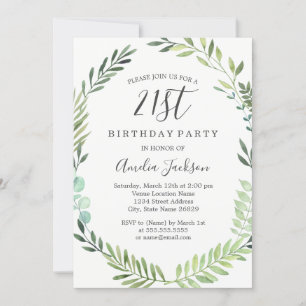 Elegant Green Watercolor 21st  Birthday Invitation