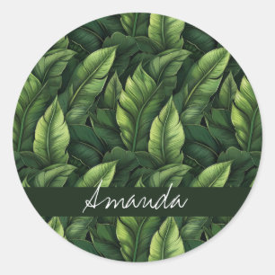 Elegant Green Watercolor Banana Leaf with Name Classic Round Sticker