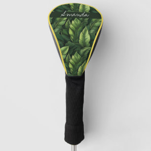 Elegant Green Watercolor Banana Leaf with Name Golf Head Cover