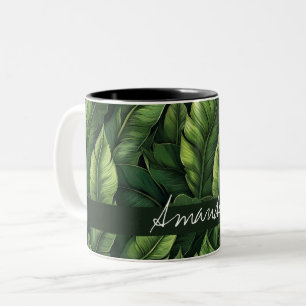 Elegant Green Watercolor Banana Leaf with Name Two-Tone Coffee Mug