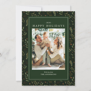 Elegant Green Watercolor Botanical Happy Holidays Holiday Card