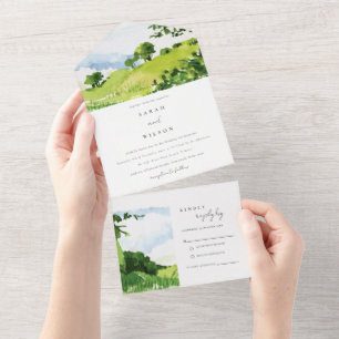 Elegant Green Watercolor Countryside Hills Wedding All In One Invitation