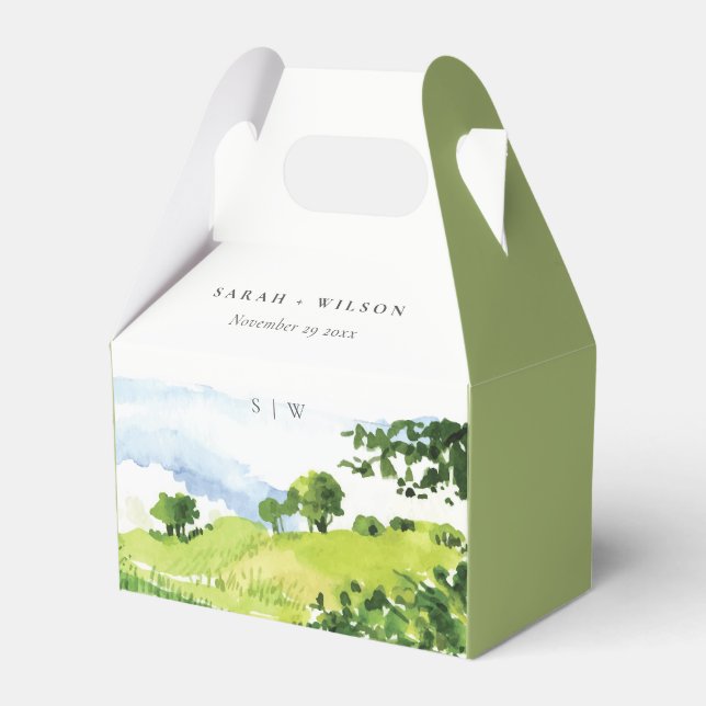 Elegant Green Watercolor Countryside Hills Wedding Favour Box (Front Side)