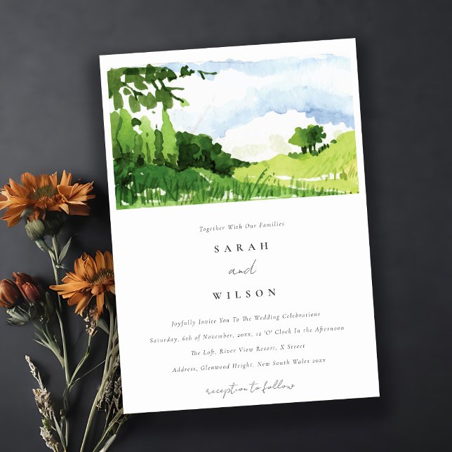Elegant Green Watercolor Countryside Hills Wedding Invitation (Creator Uploaded)