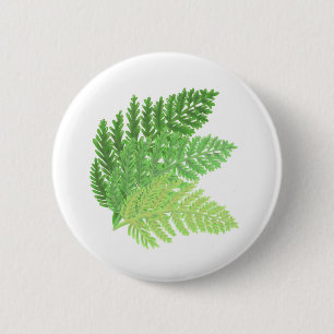 Elegant green watercolor ferns woodland leaves 6 cm round badge
